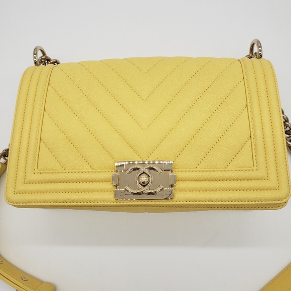 Chanel Boy Flap Bag Chevron Caviar Medium Yellow